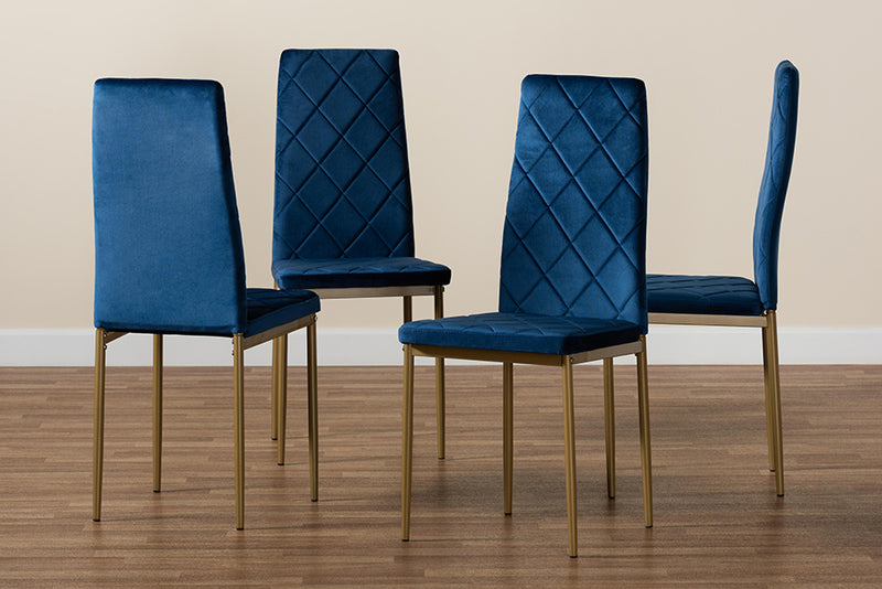 Karsen Modern Luxe and Glam Navy Blue Velvet Fabric Upholstered and Gold Finished Metal 4-Piece Dining Chair Set