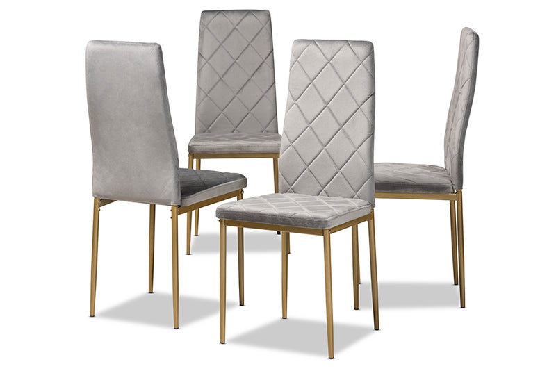 Karsen Modern Luxe and Glam Gray Velvet Fabric Upholstered and Gold Finished Metal 4-Piece Dining Chair Set