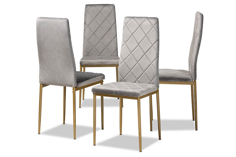 Karsen Gray Velvet Fabric Gold Finished Metal 4Pc Dining Chair Set Baxton