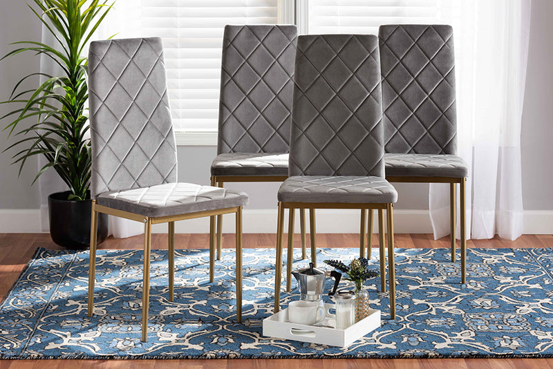 Karsen Modern Luxe and Glam Gray Velvet Fabric Upholstered and Gold Finished Metal 4-Piece Dining Chair Set