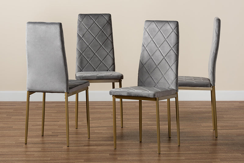 Karsen Modern Luxe and Glam Gray Velvet Fabric Upholstered and Gold Finished Metal 4-Piece Dining Chair Set