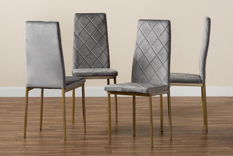 Karsen Gray Velvet Fabric Gold Finished Metal 4Pc Dining Chair Set Baxton