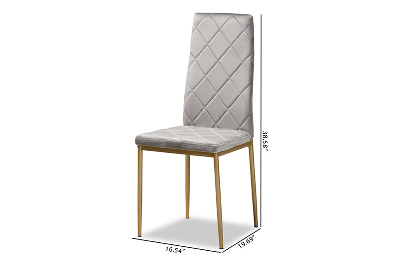 Karsen Modern Luxe and Glam Gray Velvet Fabric Upholstered and Gold Finished Metal 4-Piece Dining Chair Set