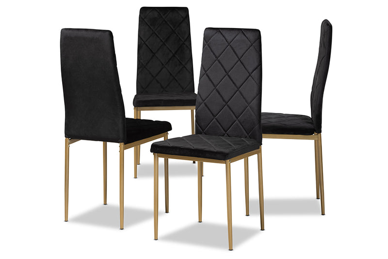 Karsen Modern Luxe and Glam Black Velvet Fabric Upholstered and Gold Finished Metal 4-Piece Dining Chair Set