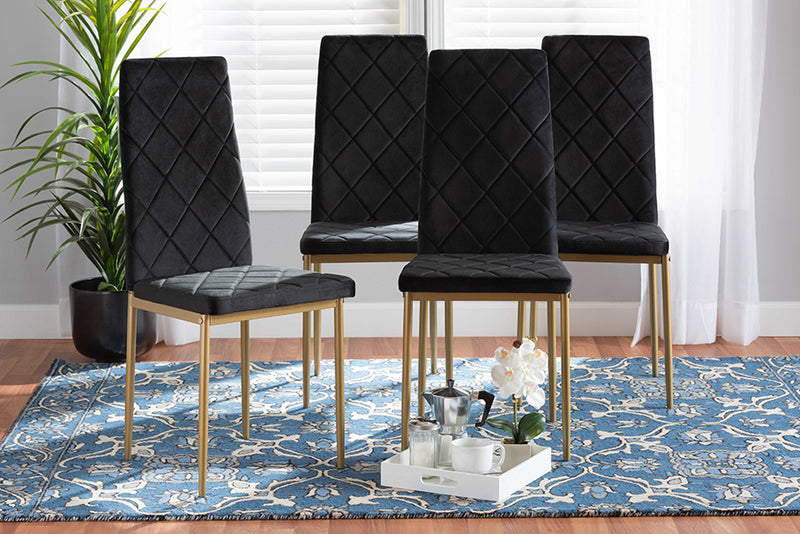 Karsen Modern Luxe and Glam Black Velvet Fabric Upholstered and Gold Finished Metal 4-Piece Dining Chair Set