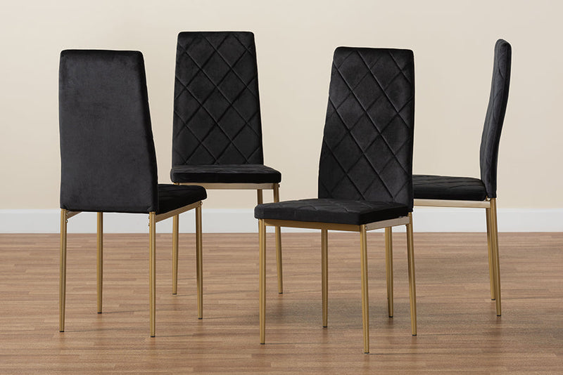 Karsen Black Velvet Fabric  Gold Finished Metal 4Pc Dining Chair Set Baxton