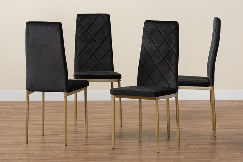 Karsen Modern Luxe and Glam Black Velvet Fabric Upholstered and Gold Finished Metal 4-Piece Dining Chair Set