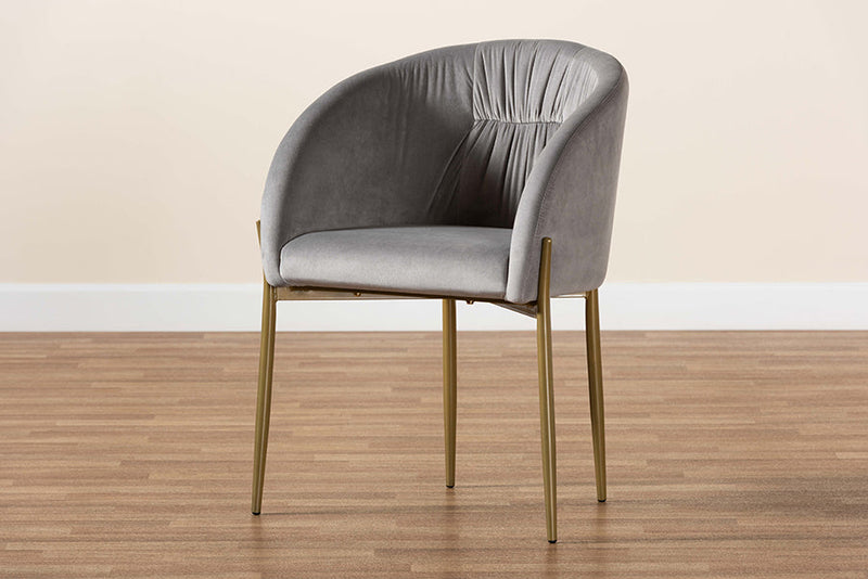 Theron Gray Velvet Fabric Upholstered and Gold Finished Metal Dining Chair Baxton