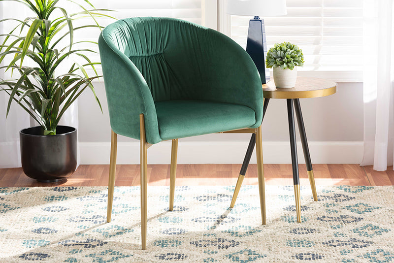 Theron Modern Luxe and Glam Green Velvet Fabric Upholstered and Gold Finished Metal Dining Chair