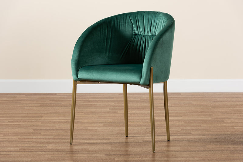 Theron Modern Luxe and Glam Green Velvet Fabric Upholstered and Gold Finished Metal Dining Chair