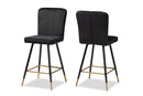 Jalie Black Velvet Fabric Two-Tone Black and Gold 2Pc Bar Stool Set Baxton