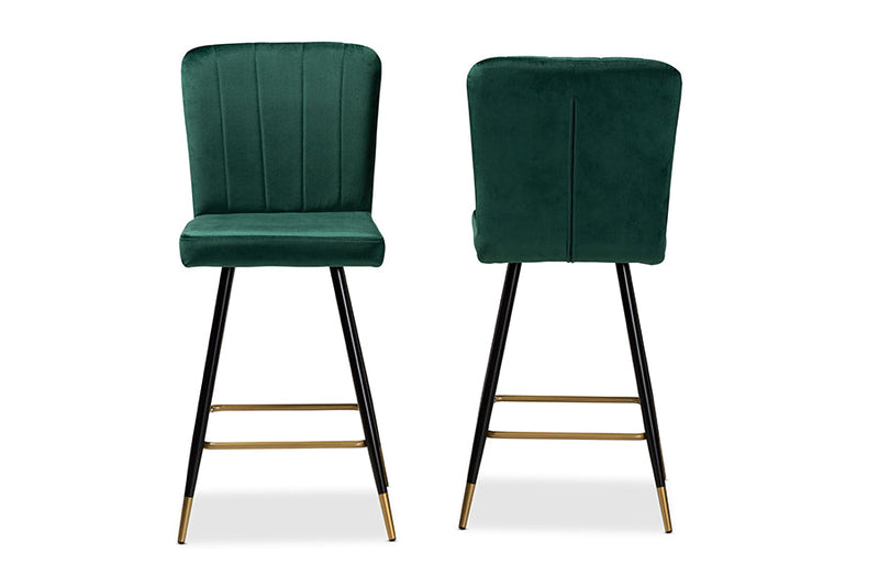 Jalie Green Velvet Fabric Two-Tone Black and Gold 2Pc Bar Stool Set Baxton