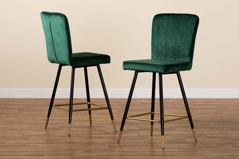 Jalie Green Velvet Fabric Two-Tone Black and Gold 2Pc Bar Stool Set Baxton