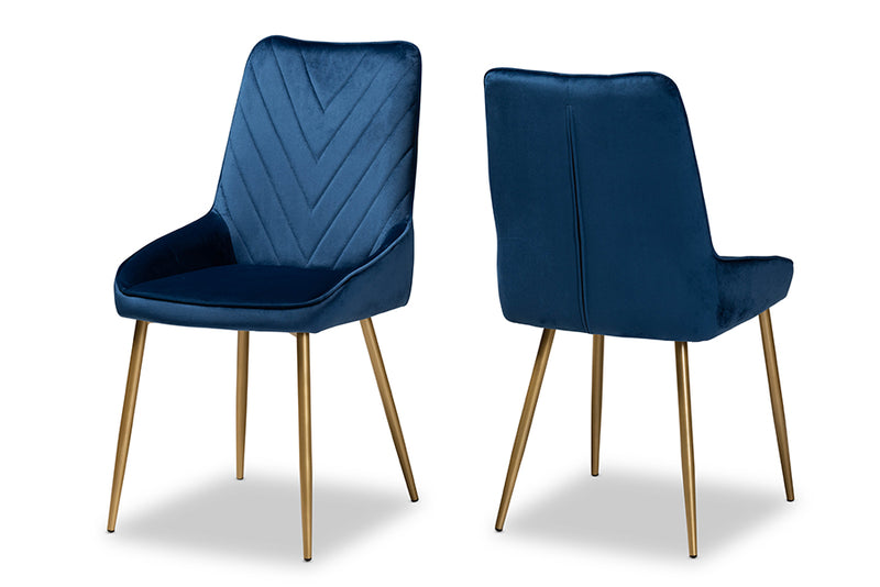 Alesha Contemporary Glam and Luxe Navy Blue Velvet Fabric Upholstered and Gold Finished Metal 2-Piece Dining Chair Set