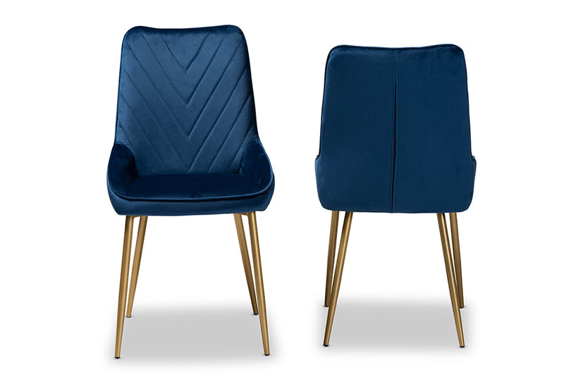 Alesha Contemporary Glam and Luxe Navy Blue Velvet Fabric Upholstered and Gold Finished Metal 2-Piece Dining Chair Set