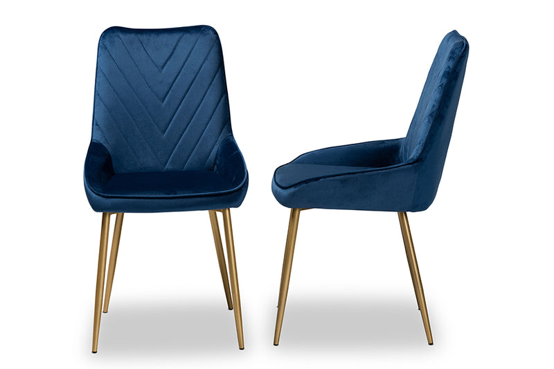 Alesha Contemporary Glam and Luxe Navy Blue Velvet Fabric Upholstered and Gold Finished Metal 2-Piece Dining Chair Set