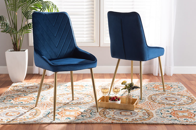 Alesha Contemporary Glam and Luxe Navy Blue Velvet Fabric Upholstered and Gold Finished Metal 2-Piece Dining Chair Set