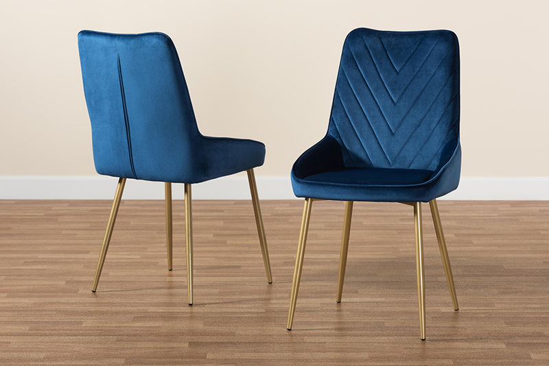 Alesha Contemporary Glam and Luxe Navy Blue Velvet Fabric Upholstered and Gold Finished Metal 2-Piece Dining Chair Set