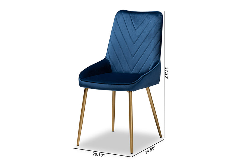 Alesha Contemporary Glam and Luxe Navy Blue Velvet Fabric Upholstered and Gold Finished Metal 2-Piece Dining Chair Set