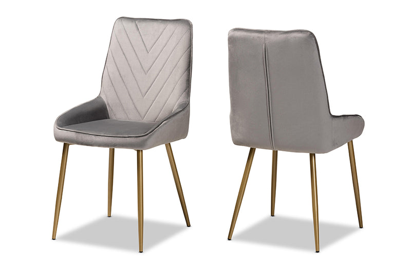 Alesha Contemporary Glam and Luxe Gray Velvet Fabric Upholstered and Gold Finished Metal 2-Piece Dining Chair Set