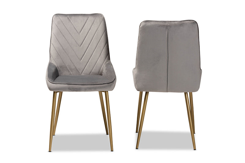 Alesha Contemporary Glam and Luxe Gray Velvet Fabric Upholstered and Gold Finished Metal 2-Piece Dining Chair Set