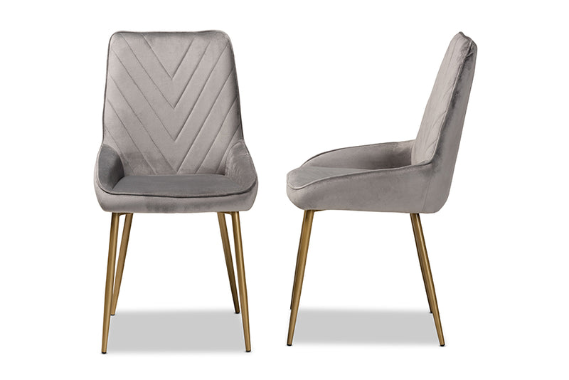 Alesha Contemporary Glam and Luxe Gray Velvet Fabric Upholstered and Gold Finished Metal 2-Piece Dining Chair Set