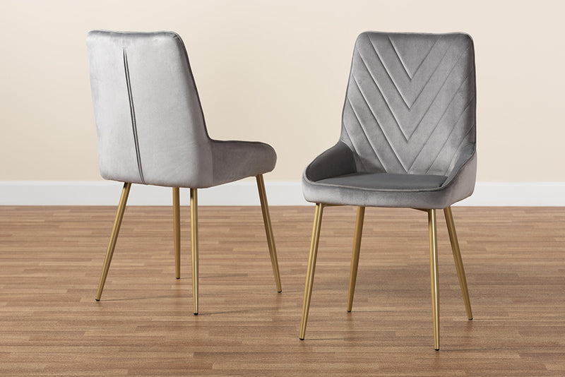 Alesha Contemporary Glam and Luxe Gray Velvet Fabric Upholstered and Gold Finished Metal 2-Piece Dining Chair Set