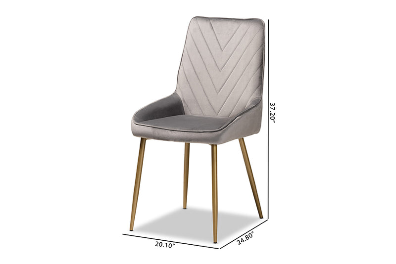 Alesha Contemporary Glam and Luxe Gray Velvet Fabric Upholstered and Gold Finished Metal 2-Piece Dining Chair Set