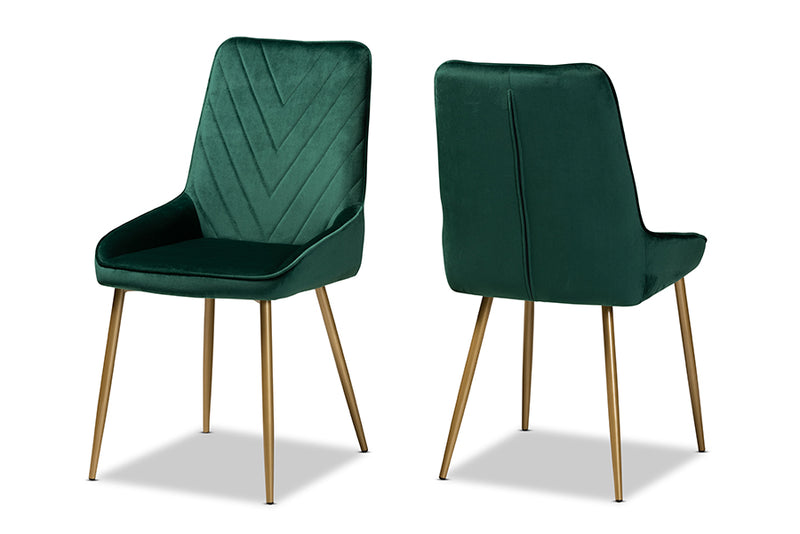 Alesha Contemporary Glam and Luxe Green Velvet Fabric Upholstered and Gold Finished Metal 2-Piece Dining Chair Set