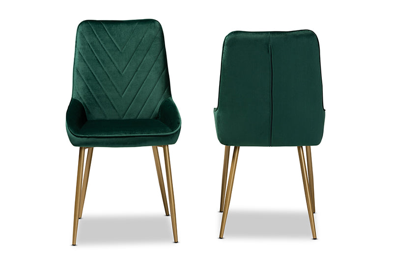 Alesha Contemporary Glam and Luxe Green Velvet Fabric Upholstered and Gold Finished Metal 2-Piece Dining Chair Set