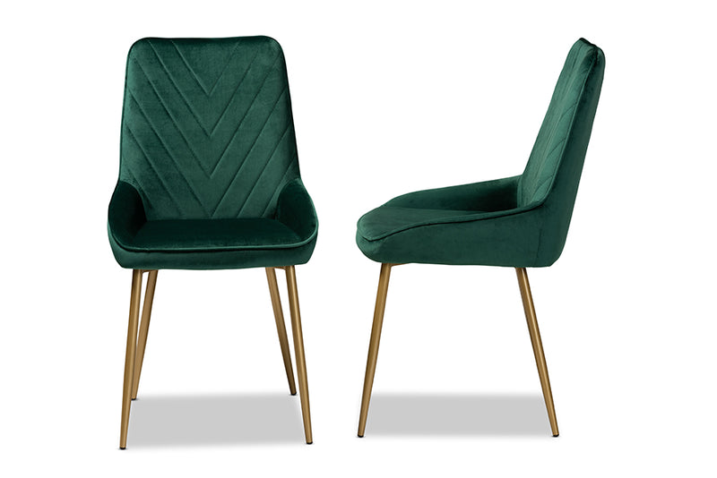 Alesha Contemporary Glam and Luxe Green Velvet Fabric Upholstered and Gold Finished Metal 2-Piece Dining Chair Set