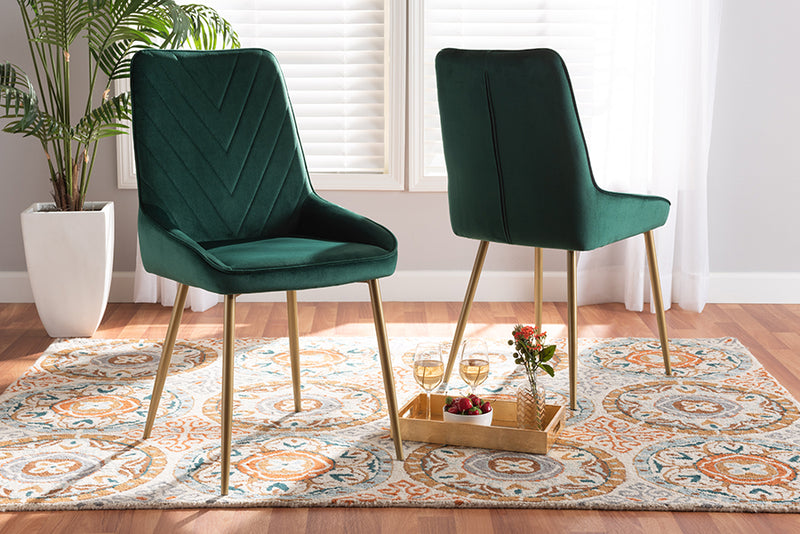 Alesha Contemporary Glam and Luxe Green Velvet Fabric Upholstered and Gold Finished Metal 2-Piece Dining Chair Set