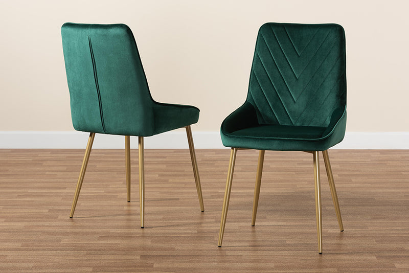 Alesha Contemporary Glam and Luxe Green Velvet Fabric Upholstered and Gold Finished Metal 2-Piece Dining Chair Set