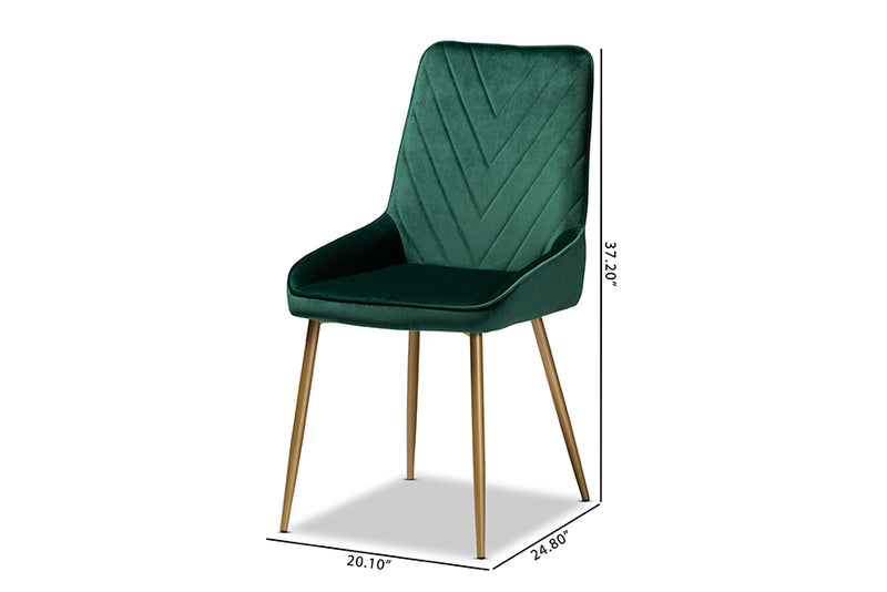 Alesha Contemporary Glam and Luxe Green Velvet Fabric Upholstered and Gold Finished Metal 2-Piece Dining Chair Set