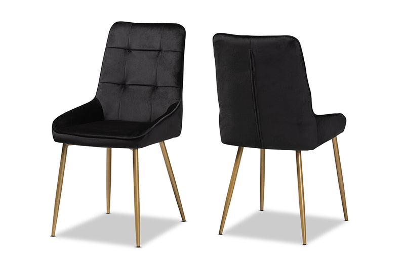 Genera Modern Luxe and Glam Black Velvet Fabric Upholstered and Gold Finished Metal 2-Piece Dining Chair Set