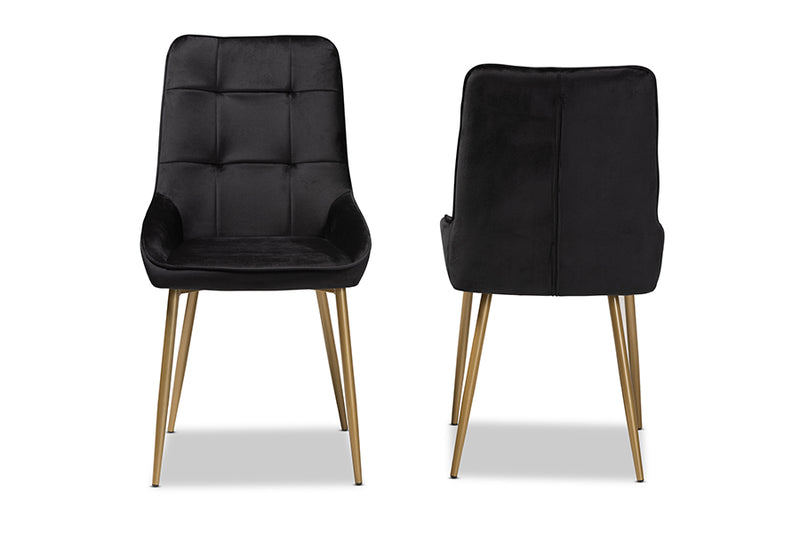 Genera Modern Luxe and Glam Black Velvet Fabric Upholstered and Gold Finished Metal 2-Piece Dining Chair Set