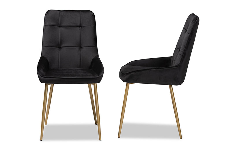 Genera Modern Luxe and Glam Black Velvet Fabric Upholstered and Gold Finished Metal 2-Piece Dining Chair Set