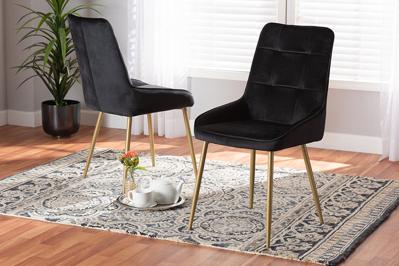 Genera Modern Luxe and Glam Black Velvet Fabric Upholstered and Gold Finished Metal 2-Piece Dining Chair Set