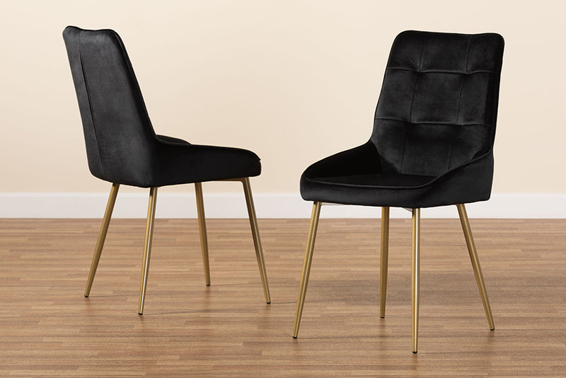 Genera Modern Luxe and Glam Black Velvet Fabric Upholstered and Gold Finished Metal 2-Piece Dining Chair Set