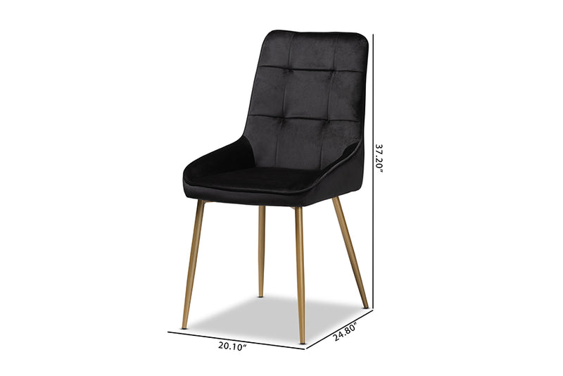 Genera Modern Luxe and Glam Black Velvet Fabric Upholstered and Gold Finished Metal 2-Piece Dining Chair Set