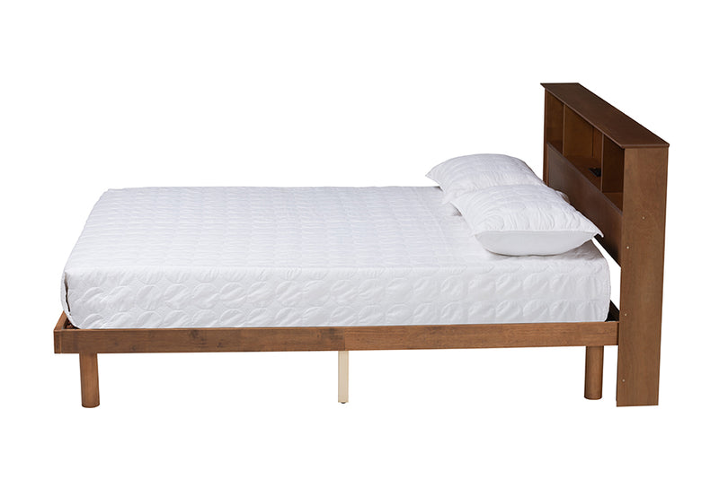 Leone Mid-Century Walnut Brown Finished Wood Queen Size Platform Bed w/Charging Station