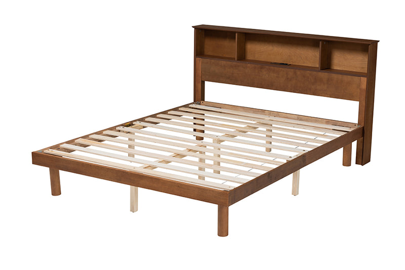 Leone Mid-Century Walnut Brown Finished Wood Queen Size Platform Bed w/Charging Station