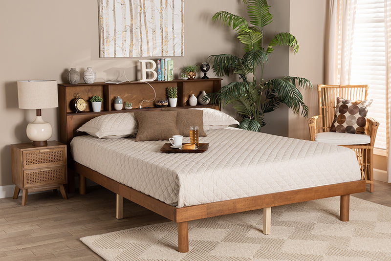 Leone Mid-Century Walnut Brown Finished Wood Queen Size Platform Bed w/Charging Station