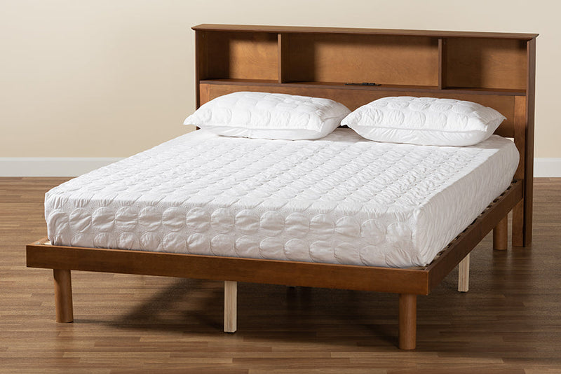 Leone Walnut Brown Queen Size Platform Bed w/Charging Station Baxton
