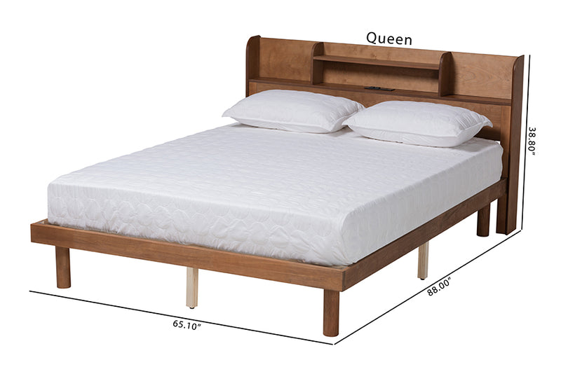 Markell Mid-Century Walnut Brown Finished Wood Full Size Platform Bed w/Charging Station