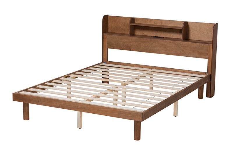 Markell Mid-Century Walnut Brown Finished Wood Full Size Platform Bed w/Charging Station