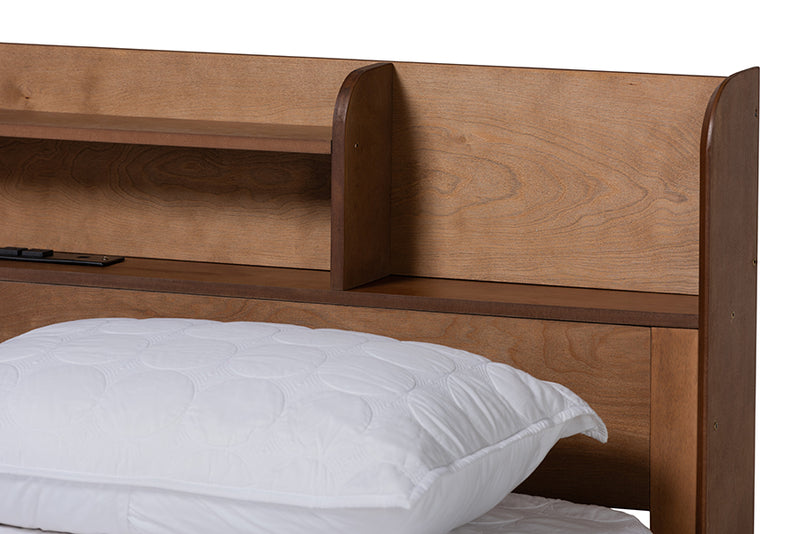 Markell Mid-Century Walnut Brown Finished Wood Queen Size Platform Bed w/Charging Station