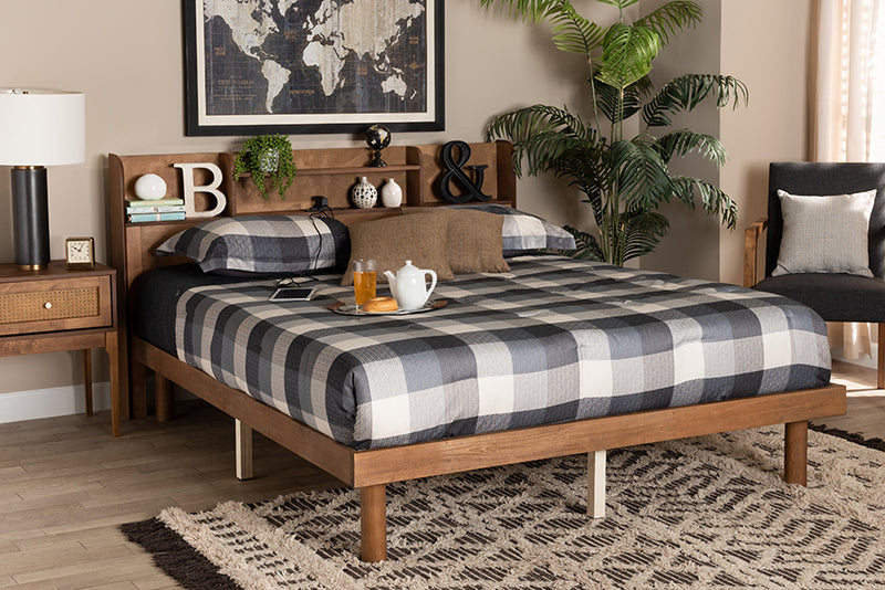 Markell Mid-Century Walnut Brown Finished Wood Full Size Platform Bed w/Charging Station