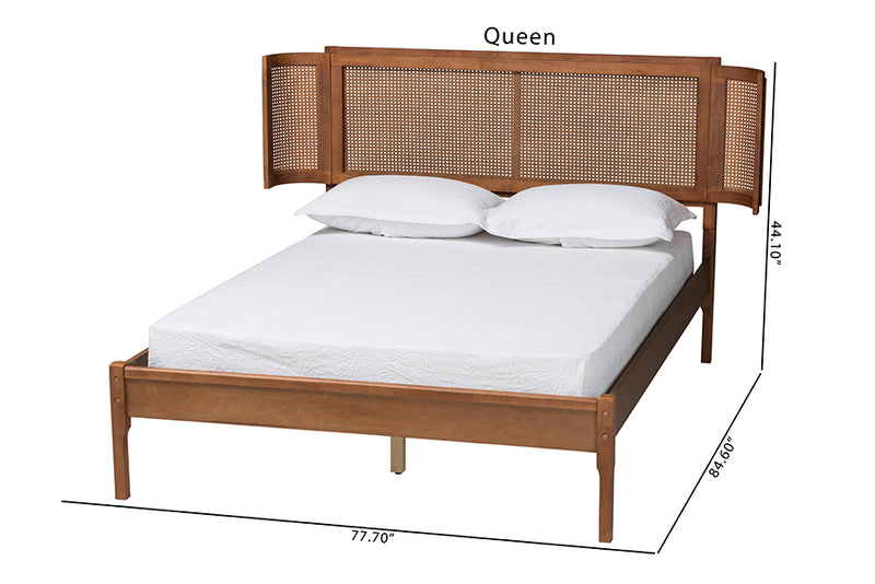 Salome Mid-Century Modern Walnut Brown Finished Wood and Natural Rattan Full Size Platform Bed