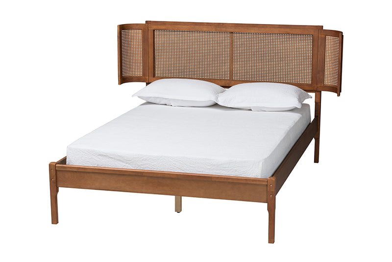 Salome Mid-Century Modern Walnut Brown Finished Wood and Natural Rattan Full Size Platform Bed